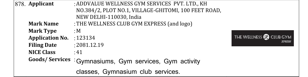 Original bulletin entry for THE WELLNESS CLUB GYM EXPRESS (and logo)