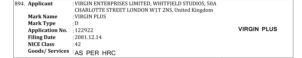 Original bulletin entry for VIRGIN PLUS