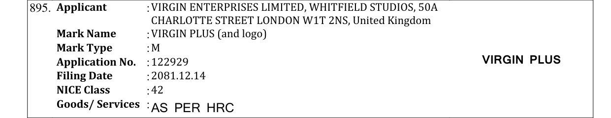 Original bulletin entry for VIRGIN PLUS (and logo)
