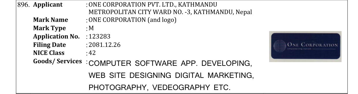 Original bulletin entry for ONE CORPORATION (and logo)