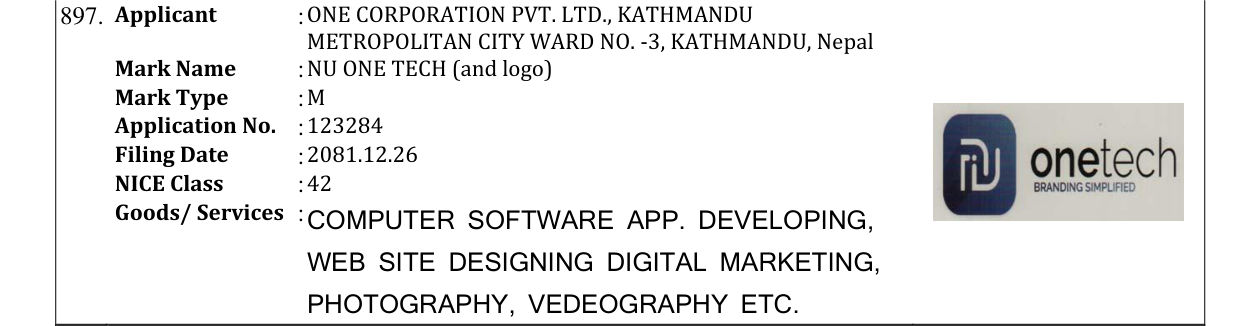 Original bulletin entry for NU ONE TECH (and logo)