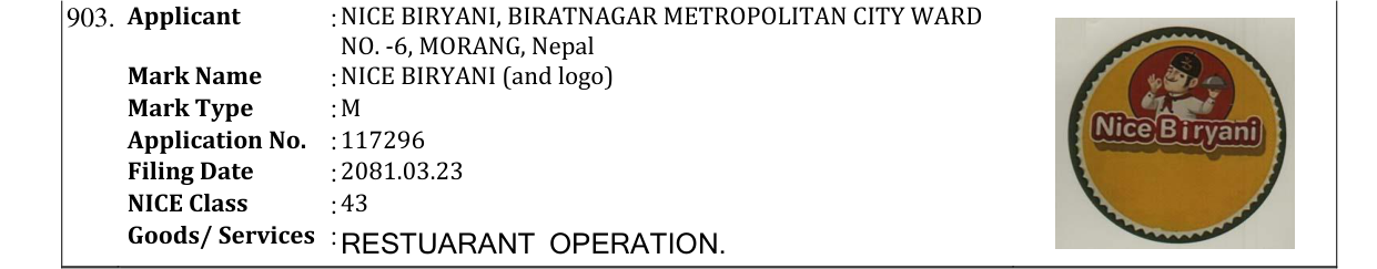 Original bulletin entry for NICE BIRYANI (and logo)