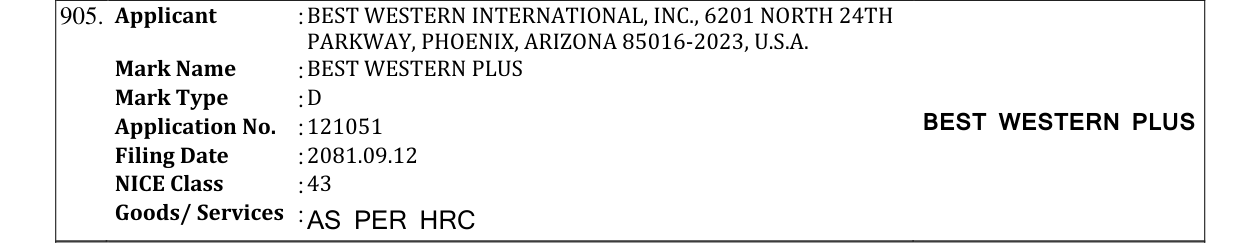 Original bulletin entry for BEST WESTERN PLUS