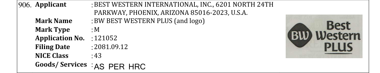 Original bulletin entry for BW BEST WESTERN PLUS (and logo)