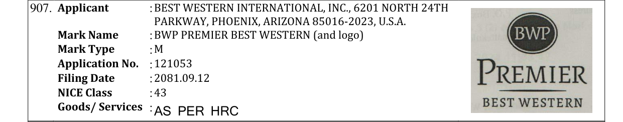 Original bulletin entry for BWP PREMIER BEST WESTERN (and logo)