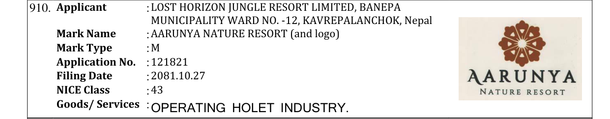 Original bulletin entry for AARUNYA NATURE RESORT (and logo)