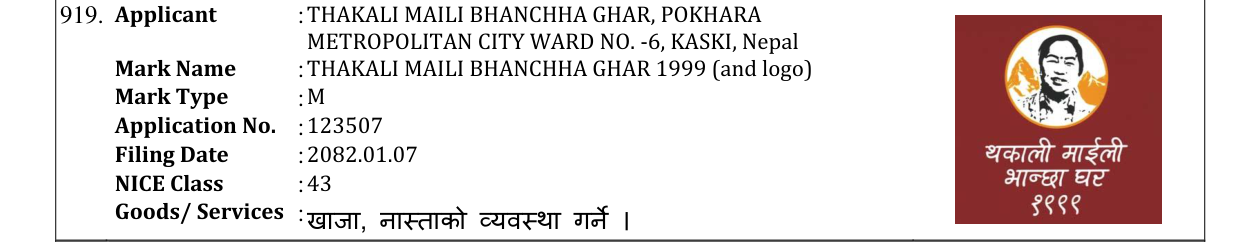 Original bulletin entry for THAKALI MAILI BHANCHHA GHAR 1999 (and logo)