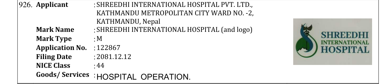Original bulletin entry for SHREEDHI INTERNATIONAL HOSPITAL (and logo)