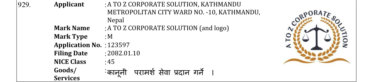 Original bulletin entry for A TO Z CORPORATE SOLUTION (and logo)
