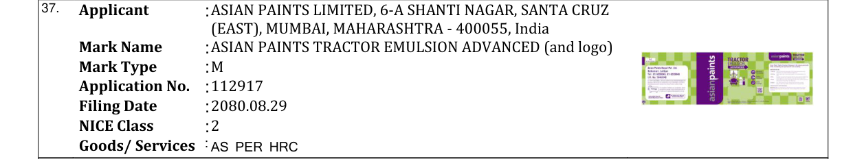 Original bulletin entry for ASIAN PAINTS TRACTOR EMULSION ADVANCED (and logo)