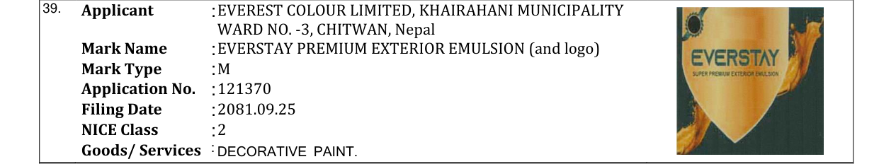 Original bulletin entry for EVERSTAY PREMIUM EXTERIOR EMULSION (and logo)