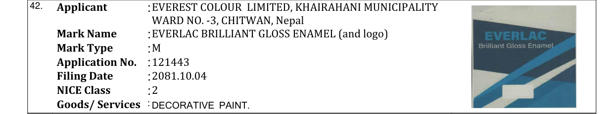 Original bulletin entry for EVERLAC BRILLIANT GLOSS ENAMEL (and logo)