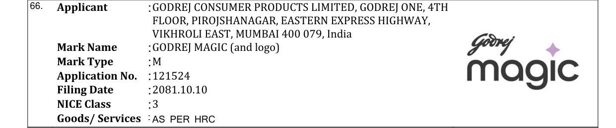 Original bulletin entry for GODREJ MAGIC (and logo)