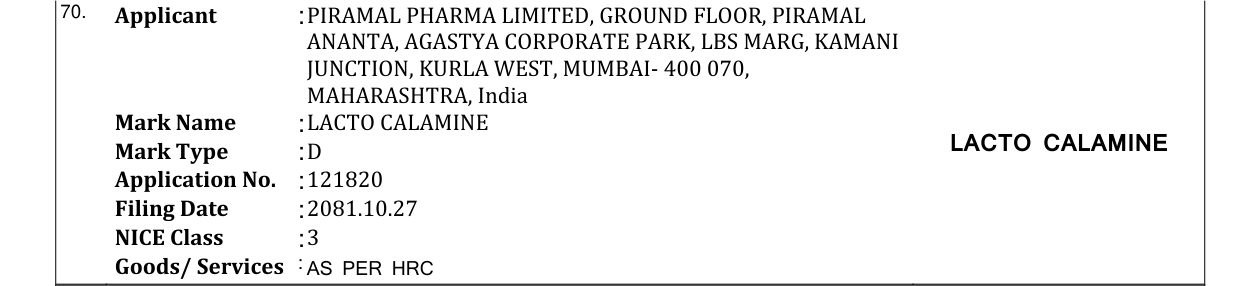 Original bulletin entry for LACTO CALAMINE