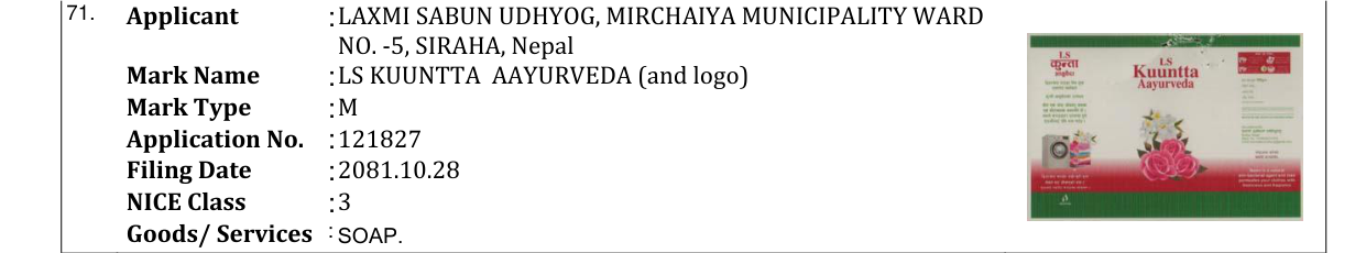Original bulletin entry for LS KUUNTTA AAYURVEDA (and logo)