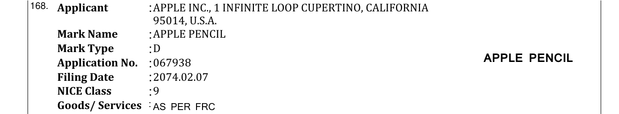 Original bulletin entry for APPLE PENCIL