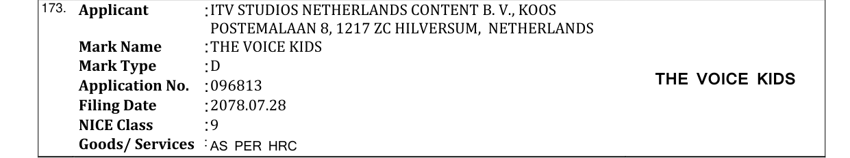 Original bulletin entry for THE VOICE KIDS