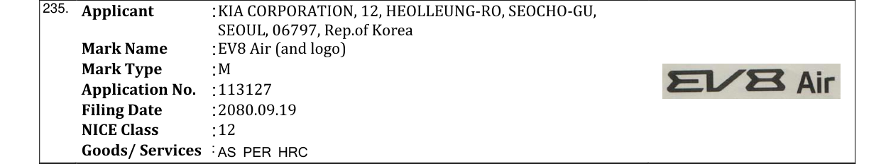 Original bulletin entry for EV8 Air (and logo)