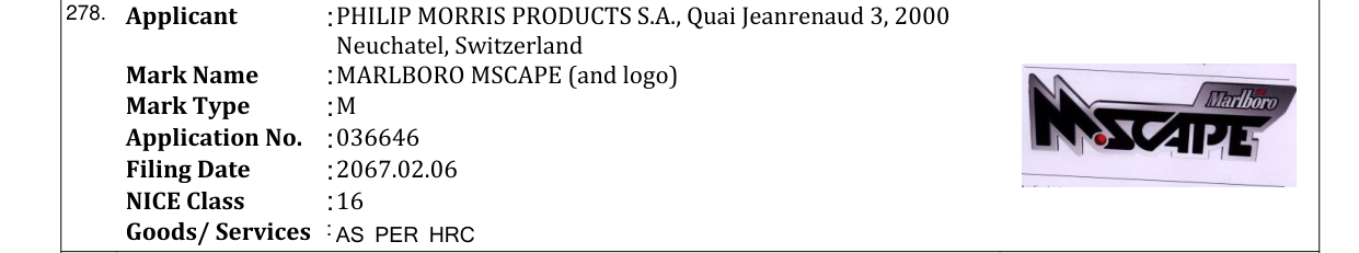 Original bulletin entry for MARLBORO MSCAPE (and logo)