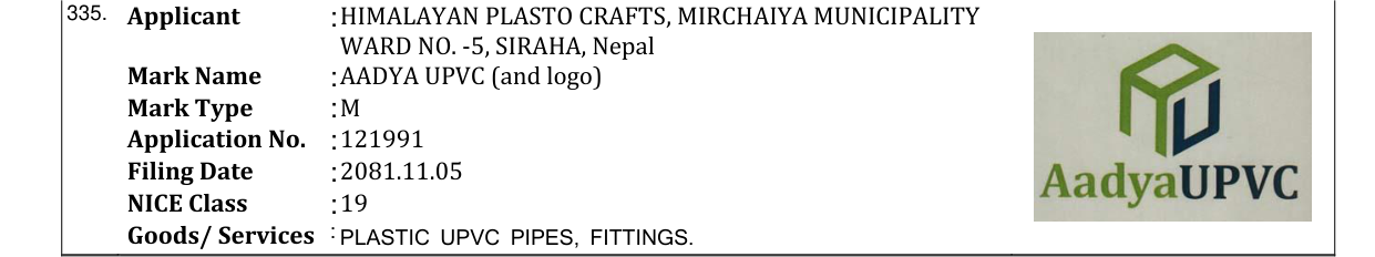 Original bulletin entry for AADYA UPVC (and logo)