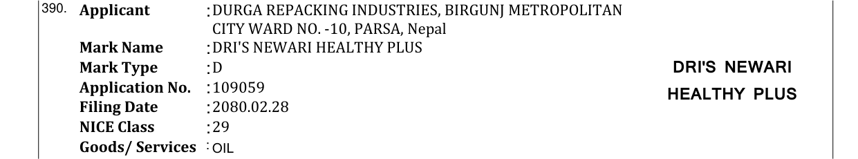 Original bulletin entry for DRI'S NEWARI HEALTHY PLUS