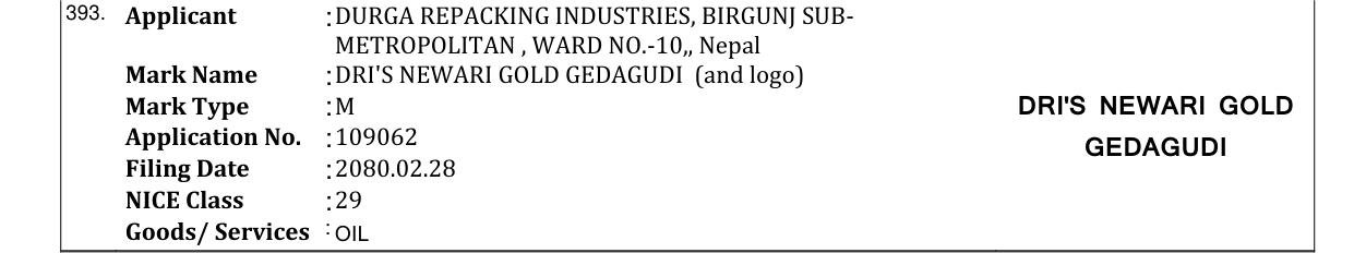 Original bulletin entry for DRI'S NEWARI GOLD GEDAGUDI (and logo)