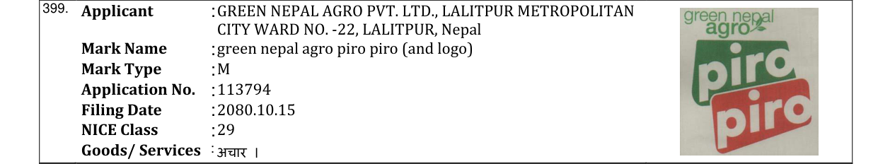 Original bulletin entry for green nepal agro piro piro (and logo)