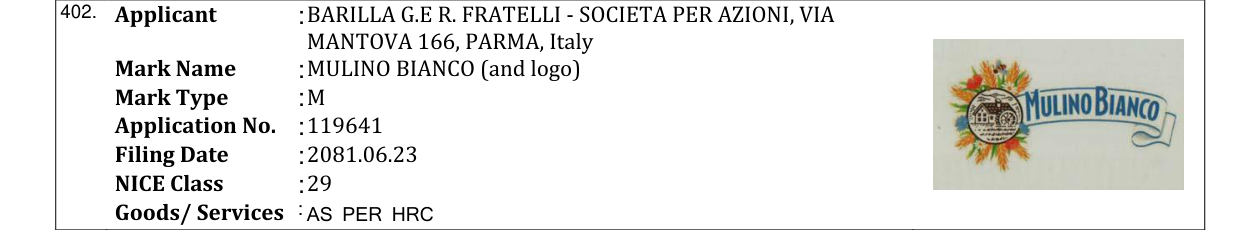 Original bulletin entry for MULINO BIANCO (and logo)