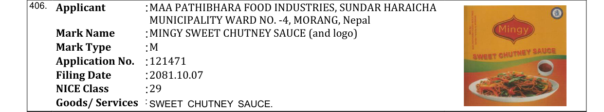 Original bulletin entry for MINGY SWEET CHUTNEY SAUCE (and logo)