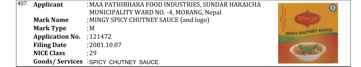 Original bulletin entry for MINGY SPICY CHUTNEY SAUCE (and logo)