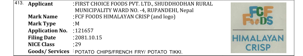 Original bulletin entry for FCF FOODS HIMALAYAN CRISP (and logo)