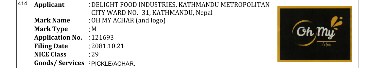 Original bulletin entry for OH MY ACHAR (and logo)
