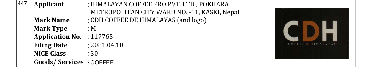 Original bulletin entry for CDH COFFEE DE HIMALAYAS (and logo)
