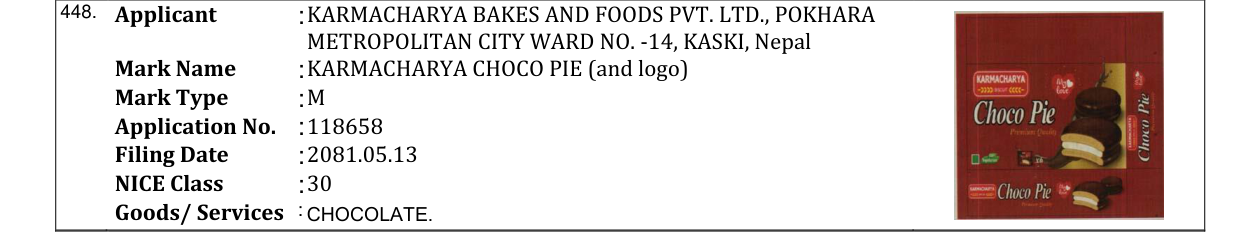 Original bulletin entry for KARMACHARYA CHOCO PIE (and logo)