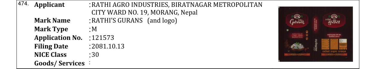 Original bulletin entry for RATHI'S GURANS (and logo)