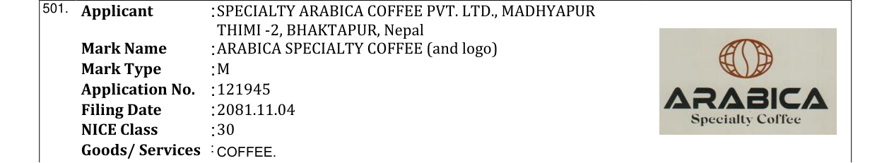 Original bulletin entry for ARABICA SPECIALTY COFFEE (and logo)