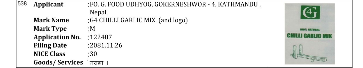 Original bulletin entry for G4 CHILLI GARLIC MIX (and logo)