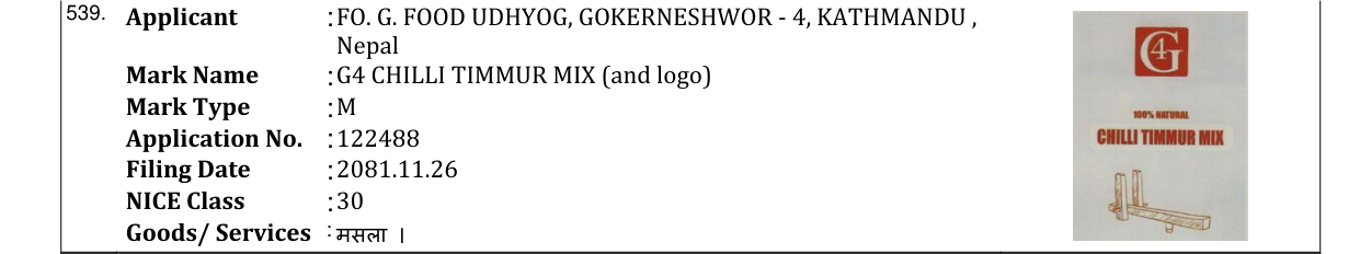 Original bulletin entry for G4 CHILLI TIMMUR MIX (and logo)