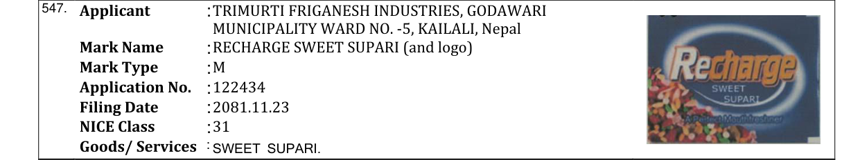 Original bulletin entry for RECHARGE SWEET SUPARI (and logo)