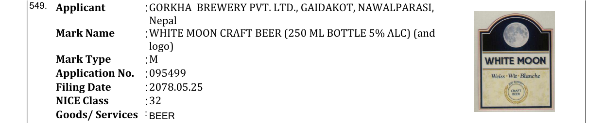 Original bulletin entry for WHITE MOON CRAFT BEER (250 ML BOTTLE 5% ALC) (and logo)
