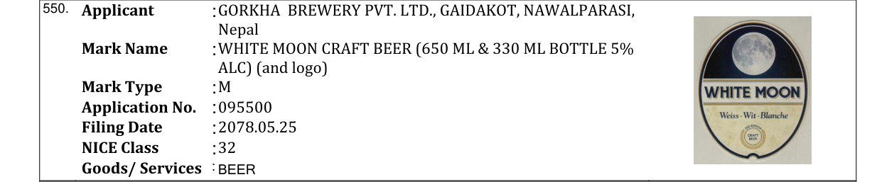 Original bulletin entry for WHITE MOON CRAFT BEER (650 ML & 330 ML BOTTLE 5% ALC) (and logo)