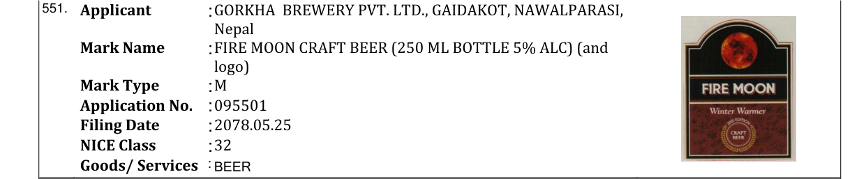 Original bulletin entry for FIRE MOON CRAFT BEER (250 ML BOTTLE 5% ALC) (and logo)