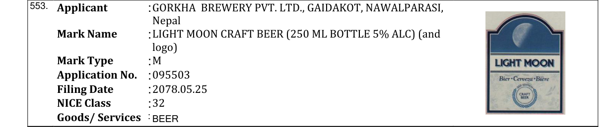 Original bulletin entry for LIGHT MOON CRAFT BEER (250 ML BOTTLE 5% ALC) (and logo)