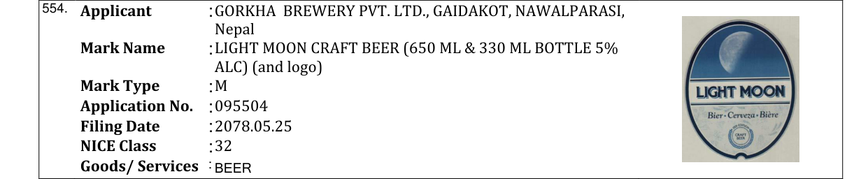 Original bulletin entry for LIGHT MOON CRAFT BEER (650 ML & 330 ML BOTTLE 5% ALC) (and logo)