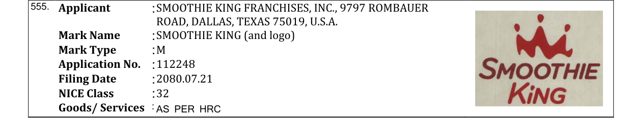 Original bulletin entry for SMOOTHIE KING (and logo)