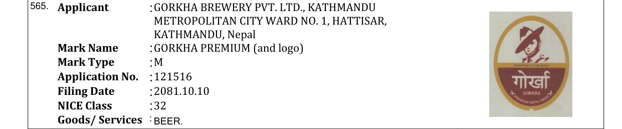 Original bulletin entry for GORKHA PREMIUM (and logo)