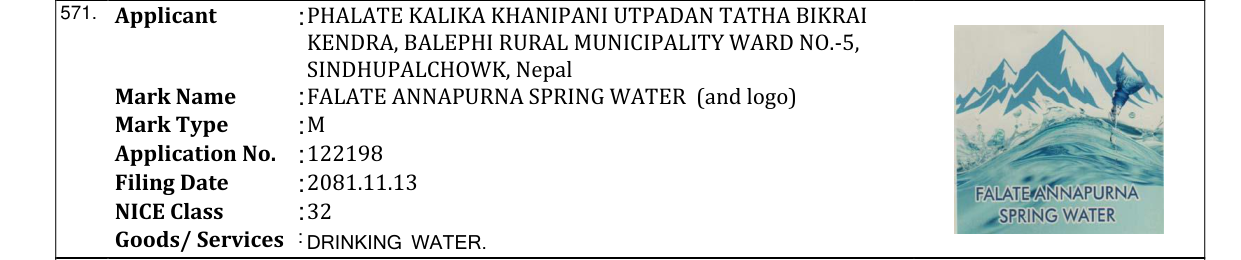 Original bulletin entry for FALATE ANNAPURNA SPRING WATER (and logo)