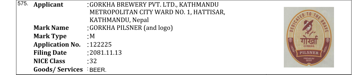 Original bulletin entry for GORKHA PILSNER (and logo)
