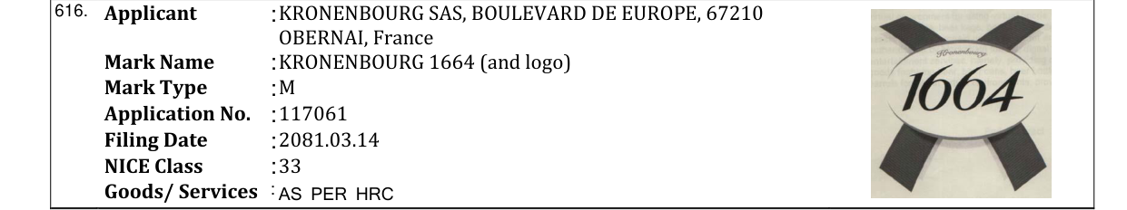 Original bulletin entry for KRONENBOURG 1664 (and logo)