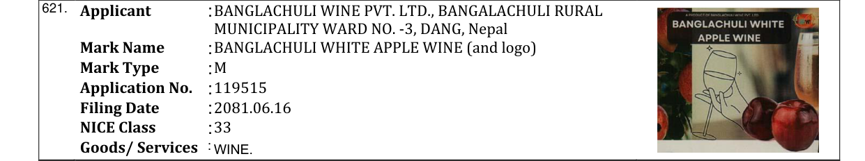 Original bulletin entry for BANGLACHULI WHITE APPLE WINE (and logo)